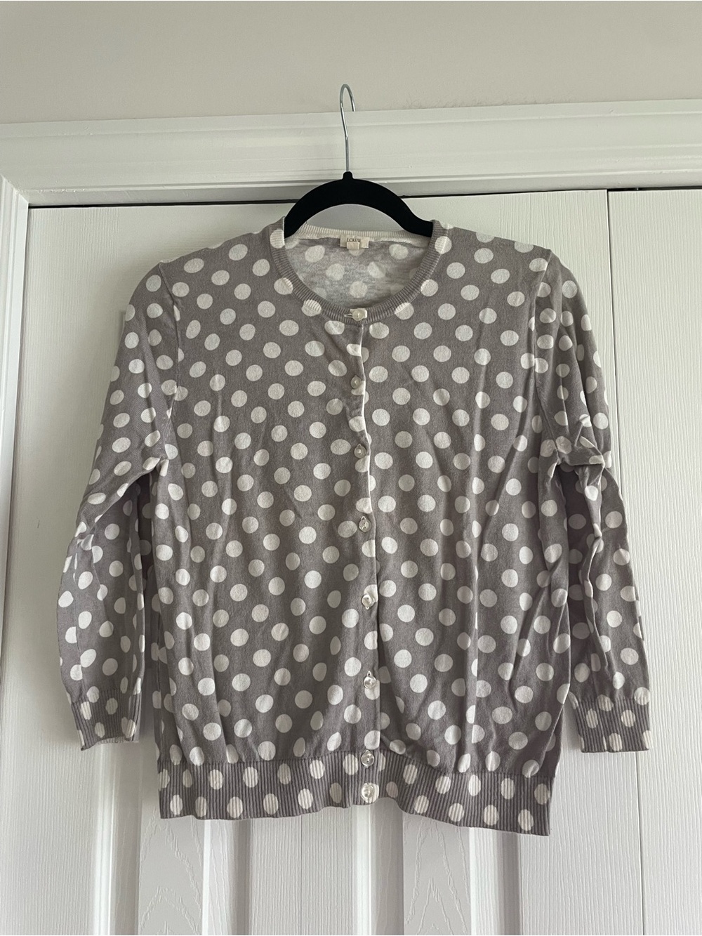 J. Crew Gray and White Polka Dot Cardigan